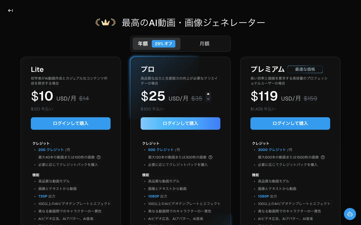 DeeVid AI 公式料金ページ（日本語）。Lite $10・プロ $25・プレミアム $119（いずれも年額29%オフ表示）の3プラン
