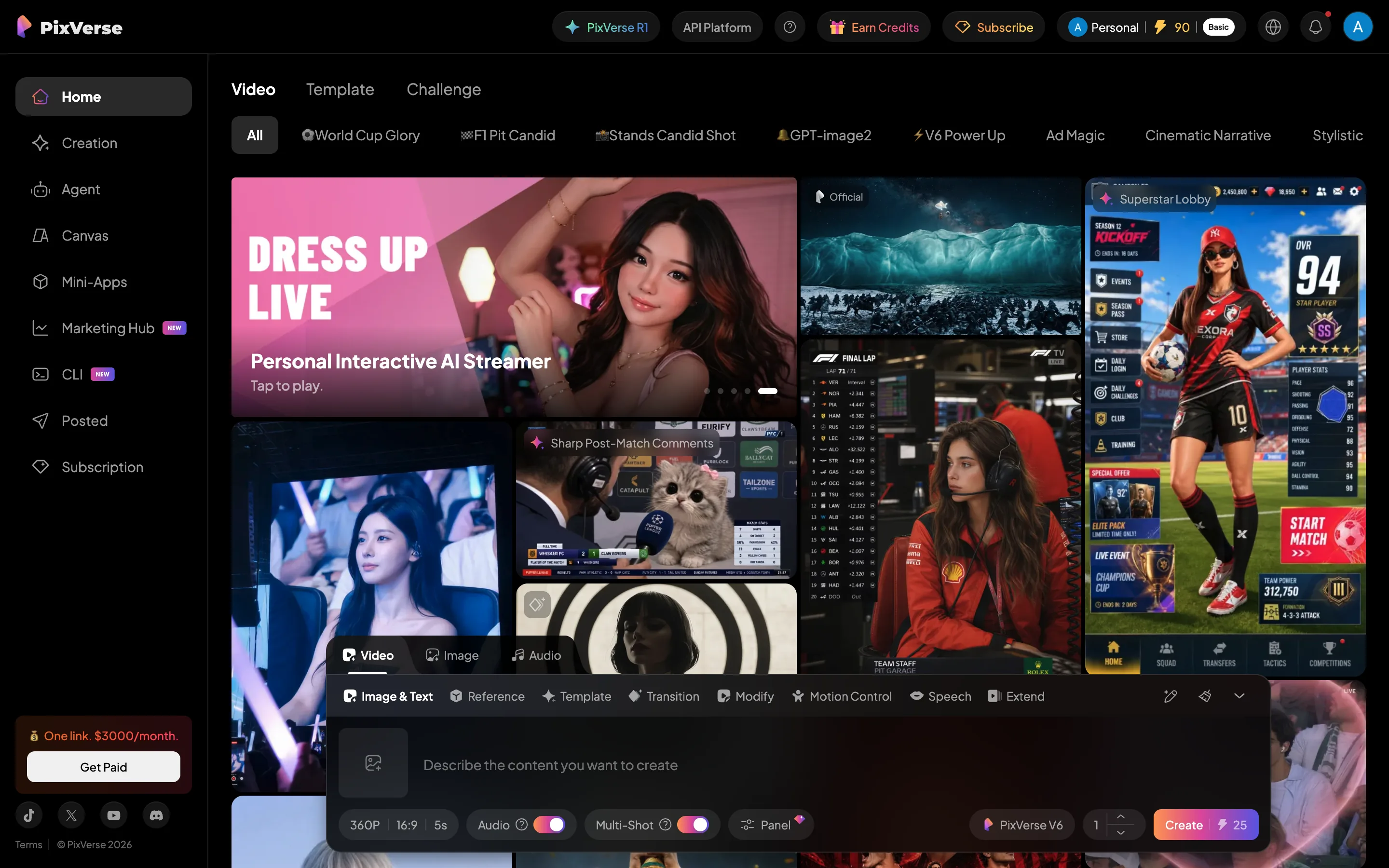 PixVerseの生成画面と無料クレジット残高60の表示